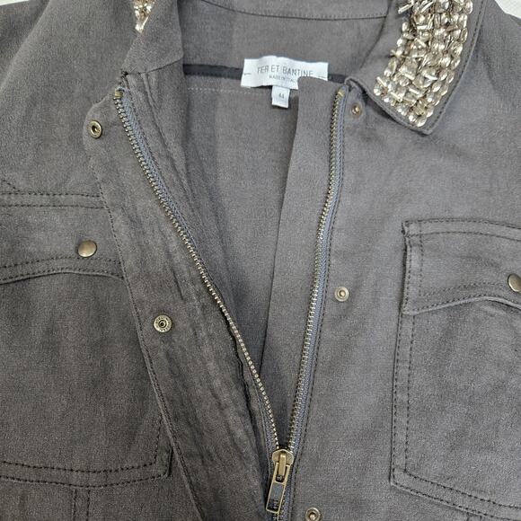 Ter Et Bantine Cropped Linen Jacket Womens 44 IT Small Taupe Gray Studded Italy - Picture 5 of 11